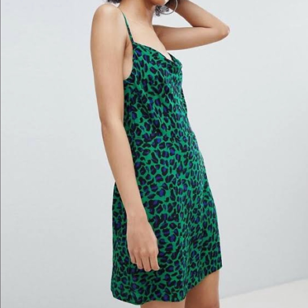 Bershka blue and green leopard cowl neck dress
